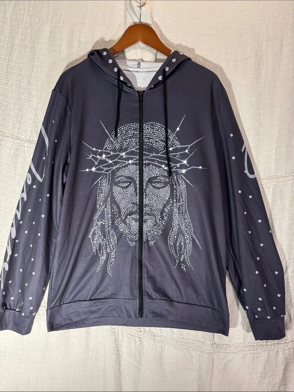 MANIFNITY Y2K Jesus Graphic Zip Up Hoodie Grey Size Medium Streetwear Oversized